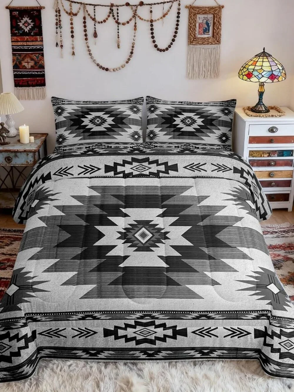Gray Tribal Plaid Bedding Set,Southwestern Style Ethnic Grid Comforter Set for K